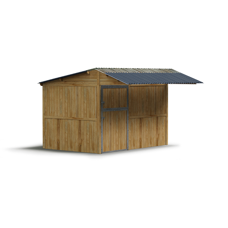 Plan 3D de box à panneaux avec toit translucide, vu légèrement de profil sur fond blanc.