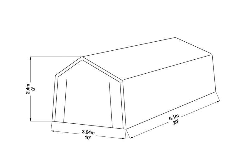 Plan de l’abri de stockage démontable à deux pentes, sur fond blanc avec les dimensions.