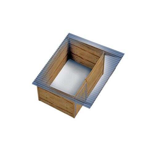 Box à clins, vu de haut, sur un fond blanc, avec une vue de l’intérieur.