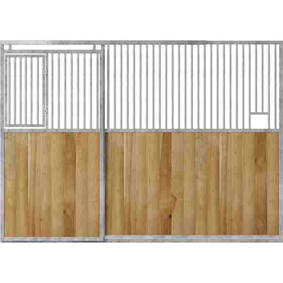 Façade de box avec porte coulissante et portillon de tête, sur fond blanc.
