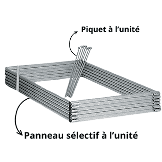 Image sur fond blanc du panneau sélectif et du piquet pour nourrisseur à poulains, avec texte.