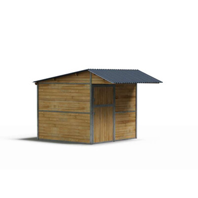 Box à clins à ossature métallique, vu de profil et centré sur un fond blanc.