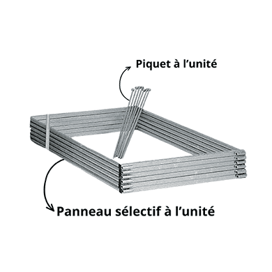 Image sur fond blanc du panneau sélectif et du piquet pour nourrisseur à poulains, avec texte.