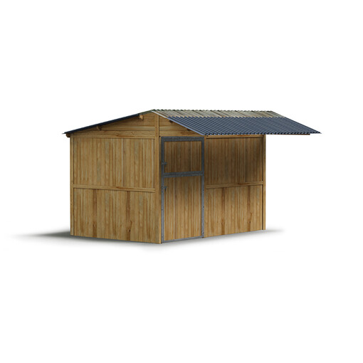 Plan 3D de box à panneaux avec toit translucide, vu légèrement de profil sur fond blanc.