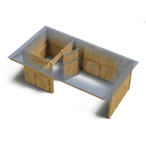 Plan 3D d’un abri pour chevaux avec graineterie, vu de haut, sur fond blanc.