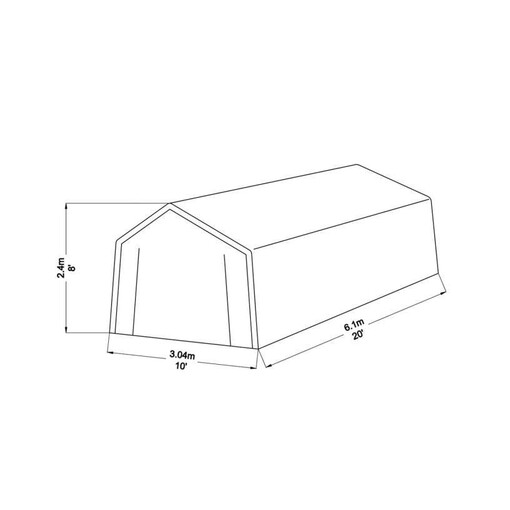 Plan de l’abri de stockage démontable à deux pentes, sur fond blanc avec les dimensions.