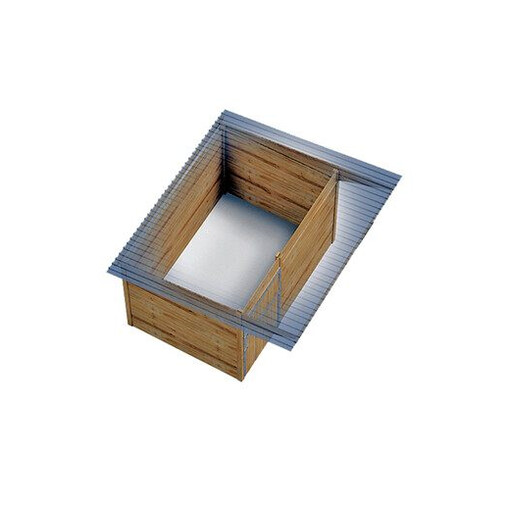 Box à clins, vu de haut, sur un fond blanc, avec une vue de l’intérieur.