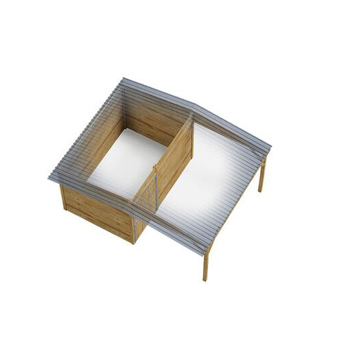 Box à clins avec grand auvent, vu de haut, sur un fond blanc, donnant sur l’intérieur.