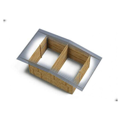 Plan 3D de boxes dos à dos à panneaux, sur fond blanc, vue de haut.