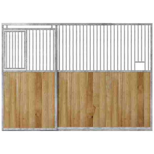 Façade de box avec porte coulissante et portillon de tête, sur fond blanc.