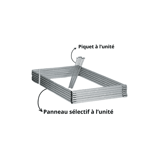 Image sur fond blanc du panneau sélectif et du piquet pour nourrisseur à poulains, avec texte.